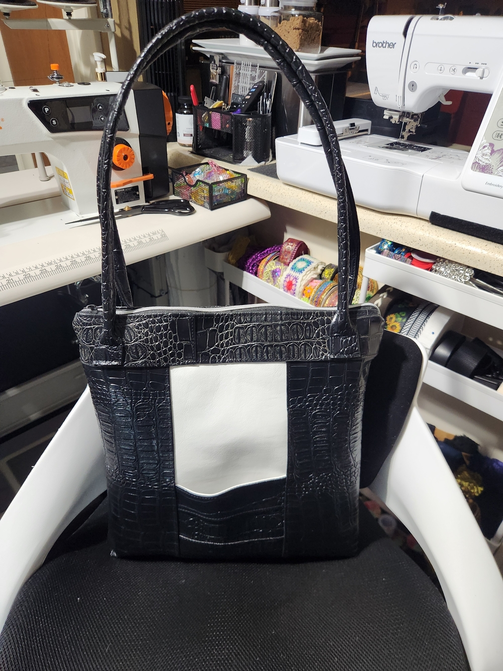 Black & White Croc-Texture Tote Bag